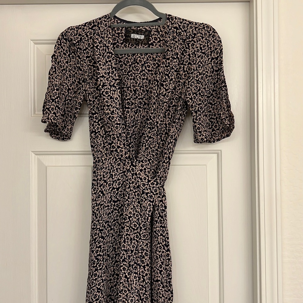 Reformation deep V dress. Sustainable recycled.